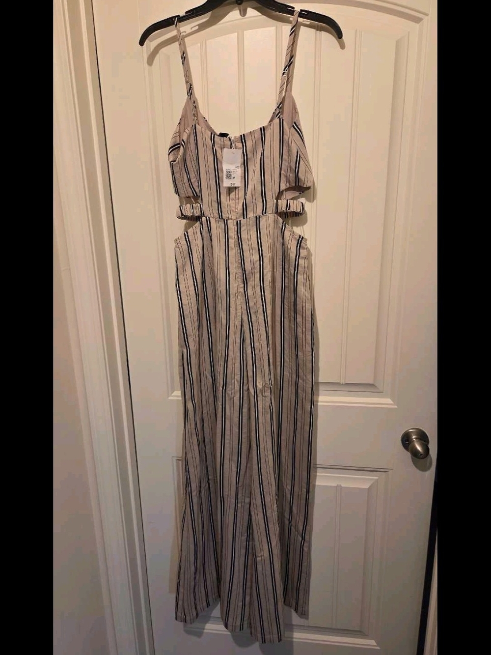 Forever 21 Cream and Black Striped Cutout Wide-Leg Jumpsuit